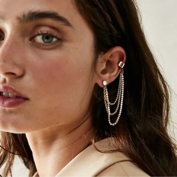 Free People Party Party Ear Chain Cuff Amber Rhinestone Gunmetal NWT Bohemian - Picture 9 of 13